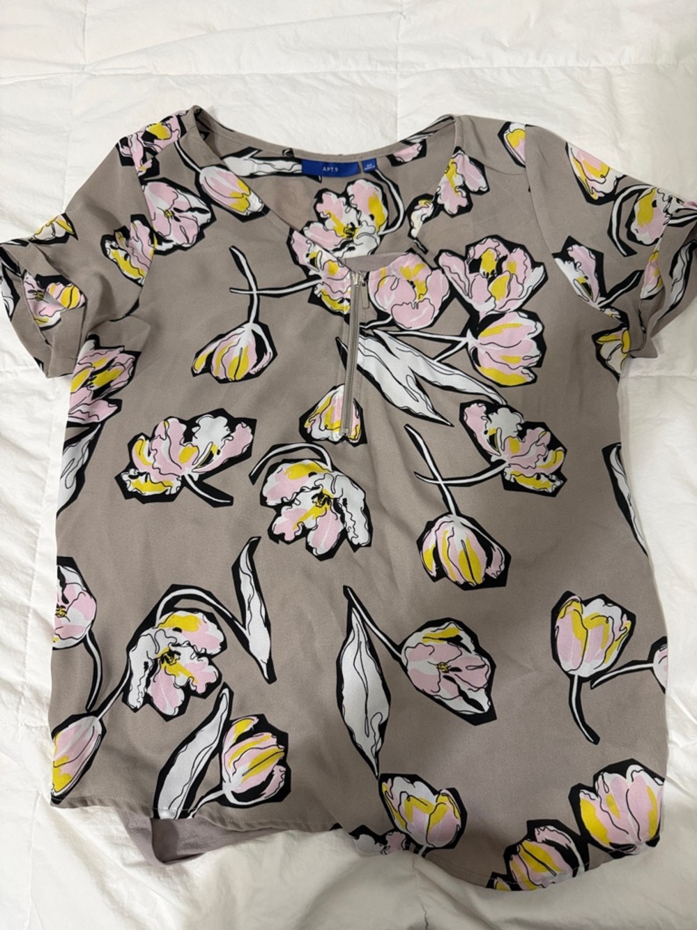 Apt. 9 Taupe Floral Blouse with Pink and Yellow Accents